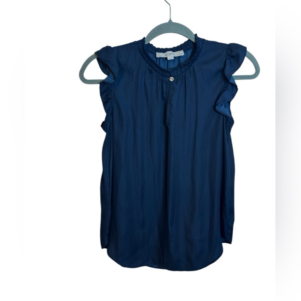 Loft Midnight Blue Ruffle Split Neck Flutter Sleeve Top